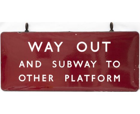 BR(M) FF enamel station railway sign WAY OUT AND SUBWAY TO OTHER PLATFORMS. Double sided complete with original hanging hooks