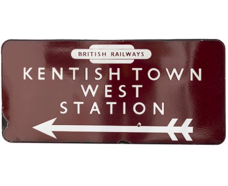 BR(M) FF enamel railway station direction sign KENTISH TOWN WEST STATION with British Railways totem and left facing arrow, f