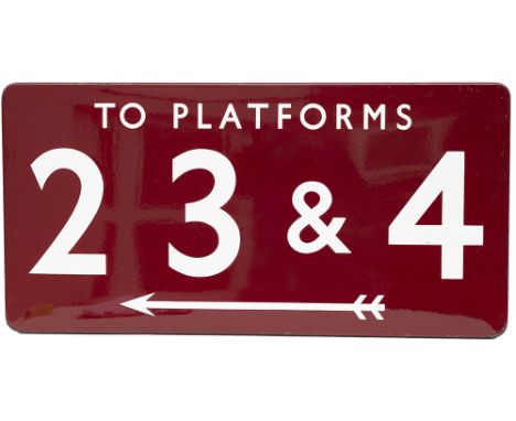 BR(M) FF enamel railway station sign TO PLATFORMS 2 3 &amp; 4 with left facing arrow. In excellent condition with minor edge 