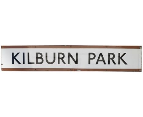 London Transport enamel frieze sign KILBURN PARK. In very good condition with a few minor chips, measures 50in x 9in.