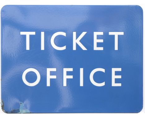 BR(SC) FF enamel station sign TICKET OFFICE. In good condition with some face chipping 24in x 18in. 