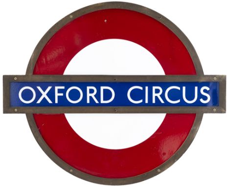 London Underground enamel target/bullseye sign OXFORD CIRCUS in original bronze frame. Measures 24in x 19.75in and is in exce