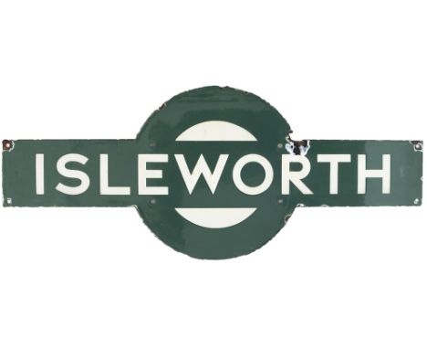 Southern Railway enamel target station sign ISLEWORTH from the former London &amp; South Western Railway station between Kew 