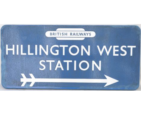 BR(SC) FF enamel direction sign HILLINGTON WEST STATION with British Railways totem and right facing arrow, from the former L