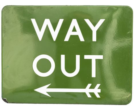BR(S) FF enamel station sign WAY OUT with left facing arrow. In very good condition with minor edge chipping. Measures 24in x