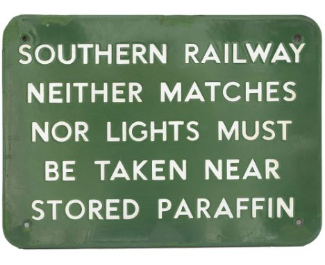 SR FF enamel railway sign S.R. NEITHER MATCHES NOR LIGHTS MUT BE TAKEN NEAR STORED PARAFFIN. In very good condition with mino