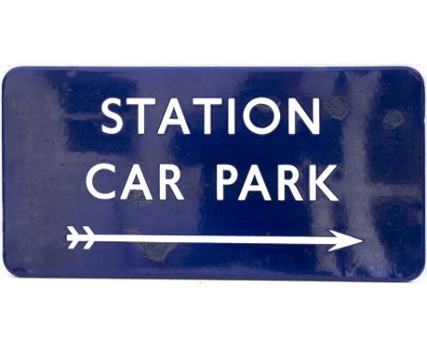 BR(E) FF enamel railway station sign STATION CAR PARK with Right facing arrow. In good condition with some face chip repairs,