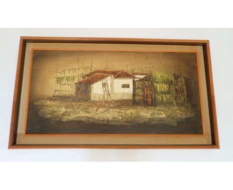 Luis Ibanez Margalef - vintage oil on canvas drying tobacco leaves on Tenerife 1966, 49 x 98cm