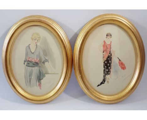 K Sherratt - pair of watercolours girls in Art Deco costume, signed and dated 18/11/19, 22 x 16cm