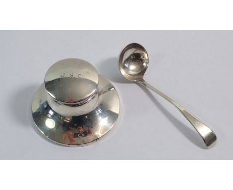 A silver capstan inkwell, 8.5cm diameter, Birmingham 1936 and a small silver ladle