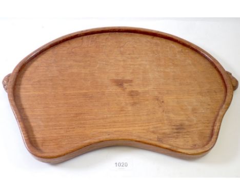 A Robert Thompson Mouseman oak kidney form tray having two mouse handles, 47 x 34cm