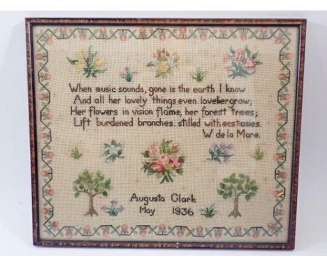 A 1930's sampler with floral sprigs and Walter de la Mere text by Augusta Clark 1936 
