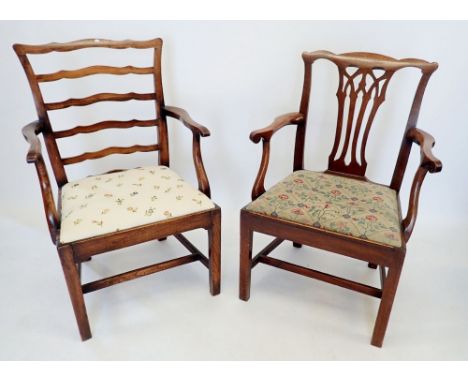 A Georgian Chippendale style carver chair with vase splat and a Hepplewhite style ladder back carver chair 