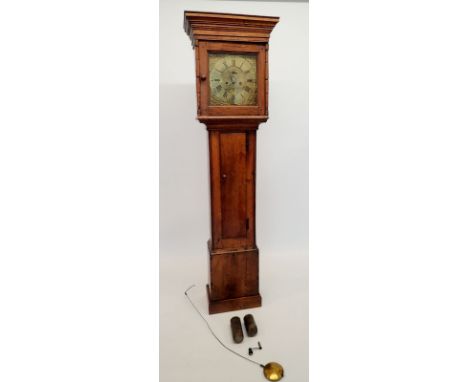 An 18th century Welsh longcase clock in oak case with brass dial engraved cottage and landscape scene, date niche and seconds