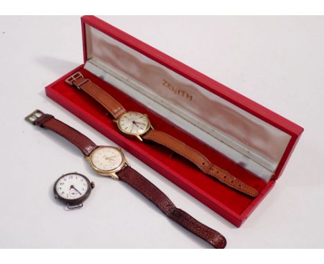 A vintage gentelmen's Ingersoll Shockproof watch and a Zenith one and a 936 silver trench watch 