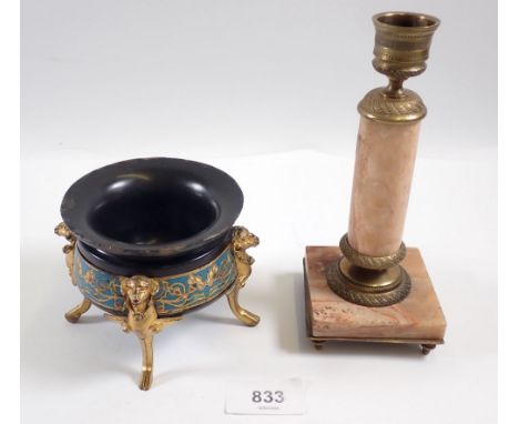 A Victorian black slate bowl raised on gilt metal rams head supports and with cloisonné enamel border, 9.5cm diameter and a g