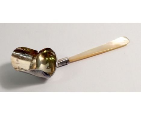 A silver gilt caddy spoon with mother of pearl handle, Birmingham 1821 by Joseph Willmore