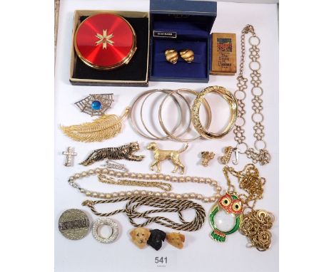 A box of gilt costume jewellery, Stratton compact etc.