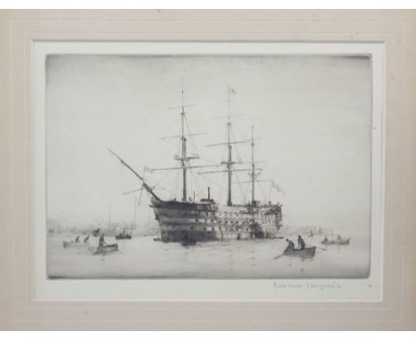 Rowland Langmaid - etching HMS Victorian at Portsmouth - unframed, 17 x 23cm