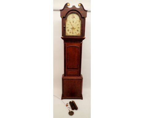 A late 18th century oak and mahogany longcase clock with swan neck pediment, the painted face with bird and flowers and date 