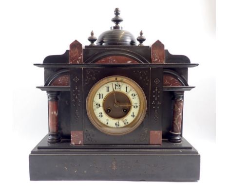 A Victorian slate and red marble mantel clock, 38cm wide