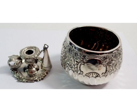 An Indian white metal taper stick with snuffer and leaf decorated handle, 58g plus an Indian white metal sugar bowl with embo