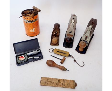 A Record plane, Spinney plane, Hobbies plane, micrometer and various other woodworking tools