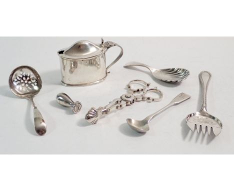 An oval silver mustard pot, a silver Georgian salt spoon, a silver seal plus a silver plated sardine fork, sifter spoon, cadd