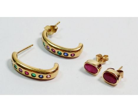 A pair of 18 carat gold half hoop earrings set diamonds, emeralds, sapphires and amethysts, 5.3g plus a pair of 18 carat gold