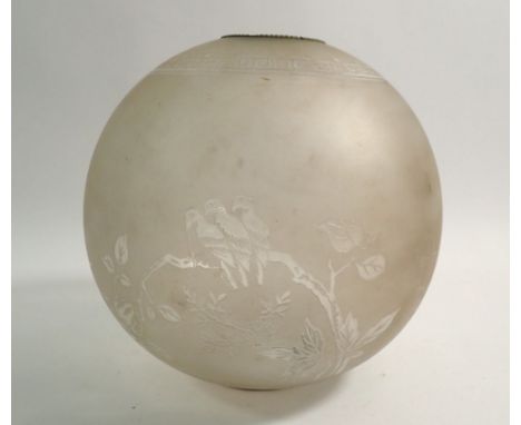 An etched glass globe oil lamp shade, 17cm diameter, 5cm opening