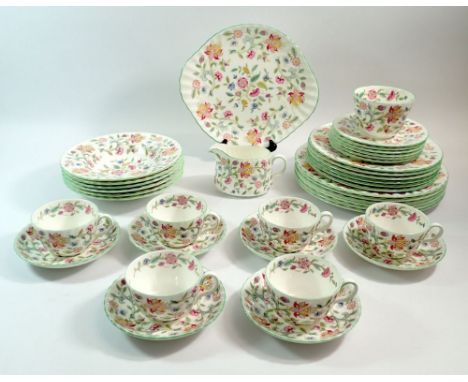 A Minton's Haddon Hall dinner service comprising six dinner plates, six breakfast plates, six bowls, six cups and saucers, ju