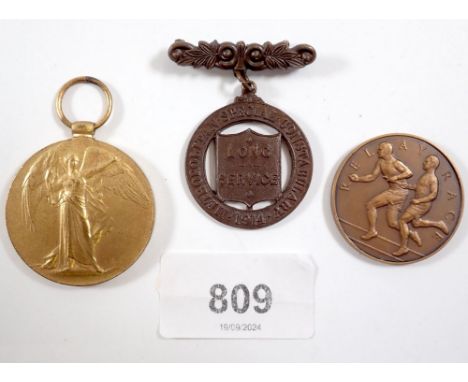 A WWI Victory medal to R S Thompson BRC &amp; SJJ plus Long Service Constable medal and sports medal 