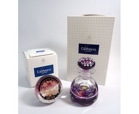 A Caithness Queen Mother perfume bottle and a Queen Mother paperweight, boxed