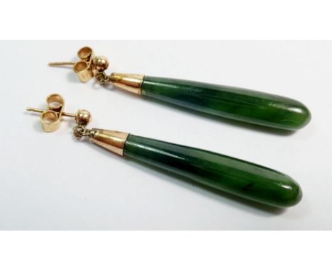 A pair of 9ct gold and 'jade' drop earrings, 3.7cm drop