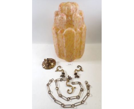A large 1930's stepped and mottled glass light shades, 30cm tall