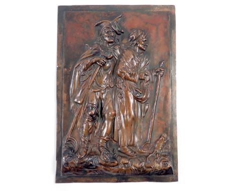 A cast bronze plaque of a pair of elderly beggars, 13 x 20cm