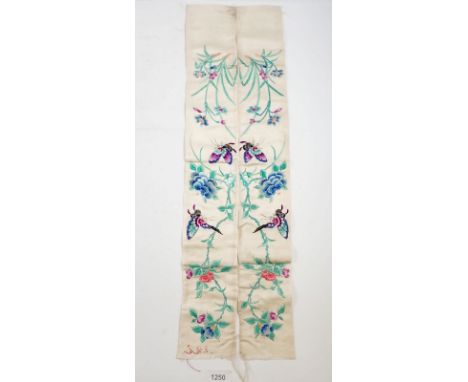 A Chinese antique long embroidered silk sash with flowers and insect decoration 60x17cm 