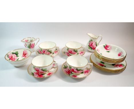 A Hammersley part tea service painted roses comprising two breakfast cups, four saucers, sugar, four bowls, four large tea pl