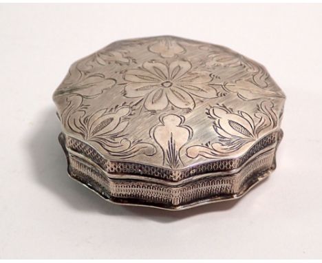 A 19th century Dutch silver twelve sided snuff box with engraved and punched decoration, 5.5cm diameter