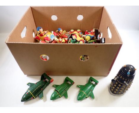 A box of various vintage toys including Noddy and Big Ears, Matchbox Disney series Mickey Mouse 1979, Corgi Popeye, Thunderbi