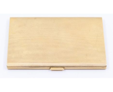 A George VI 9ct gold cigarette case, engine turned decoration, approx 12.7cm x 8.5cm, bush button clasp, W H Manton Ltd, Birm