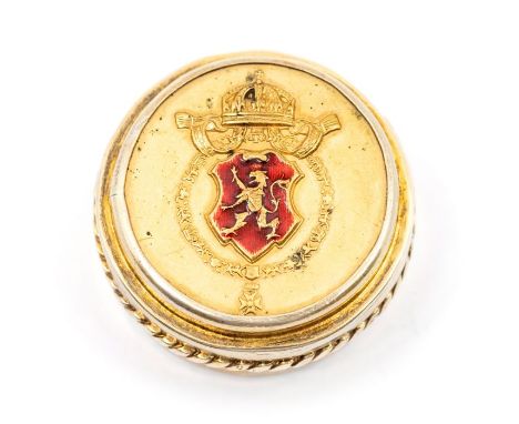 A Russian Imperial silver-gilt 84 standard pill box, style of Fabergé, the cover inset with red enamelled Imperial Shield wit