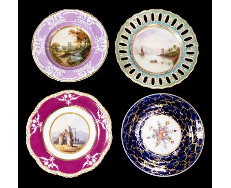 A group of four 19th Century cabinet plates to include:1. Spode dessert plate the central reserve painted with Llanthony Abbe