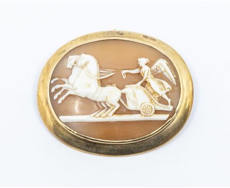 A 19th century shell cameo brooch, carved depicting an angle and chariot, set in a yellow metal frame, assessed as 9ct gold, 