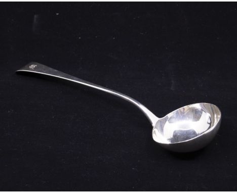 A George III Provincial silver Old English Pattern soup ladle, the handle later engraved with an initial, hallmarked by Thoma
