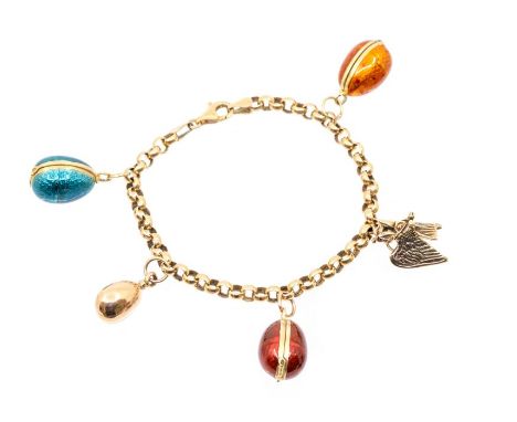 A 14k gold charm bracelet, style of Fabergé, suspending an enamel egg locket pendant, blue guilloche enamel, struck Cyrillic 