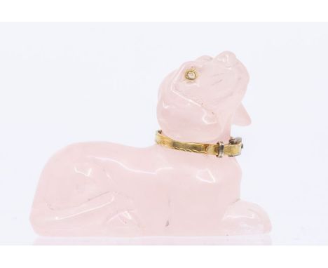 A Russian Imperial carved rose quartz model of a Spaniel, style of Fabergé,&nbsp;set with diamond eyes, the silver and gilt c