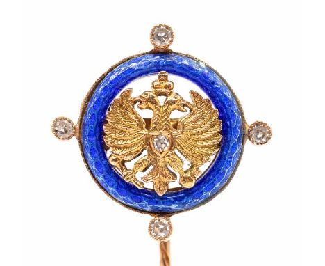 A Russian 14ct gold, diamond and enamel stick pin, style of Fabergé, central Imperial Double Headed Eagle, in a blue guilloch