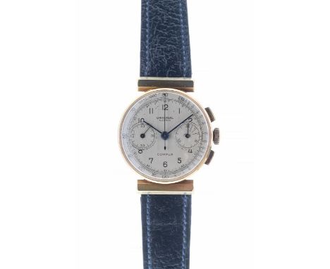 Universal - a gentleman's Art Deco 18ct gold Universal Geneve Compur chronograph wristwatch, 1937, round silvered dial, appro