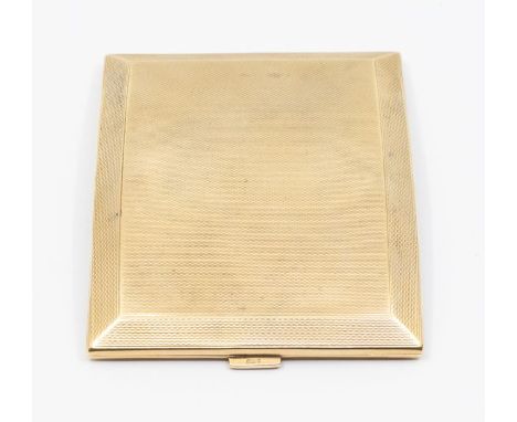 An early 20th century 9ct gold cigarette case, engine turned decoration, chamfered border, length approx 10.5 x 8.3cm, push b